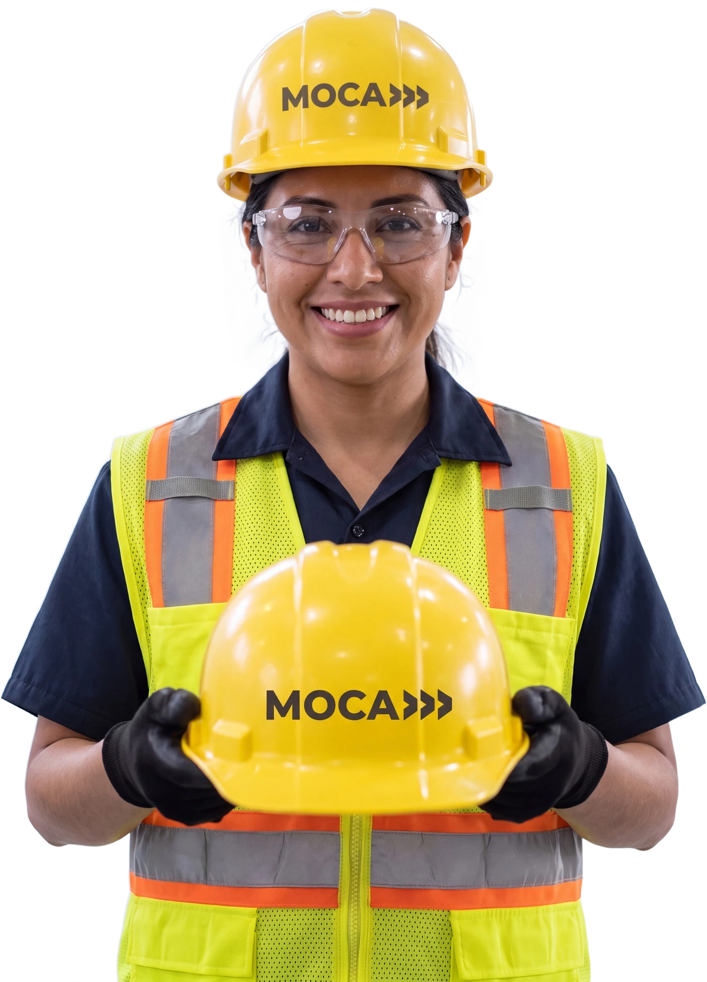 A smiling MOCA worker offering a MOCA hard hat