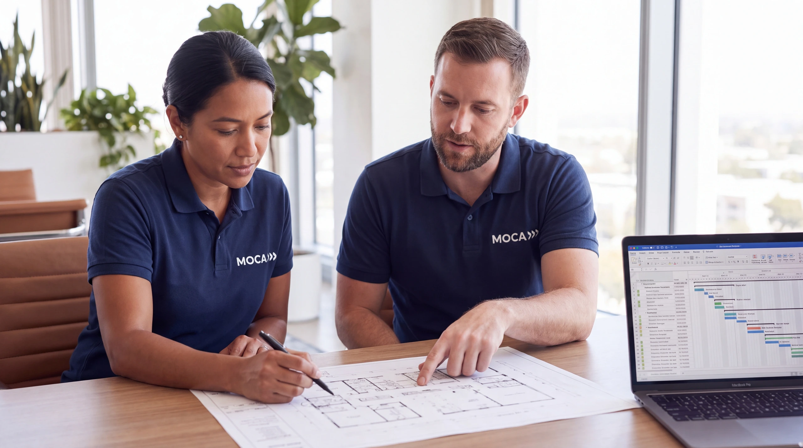 Two MOCA project team members in company polos reviewing a warehouse floor plan and the project schedule
