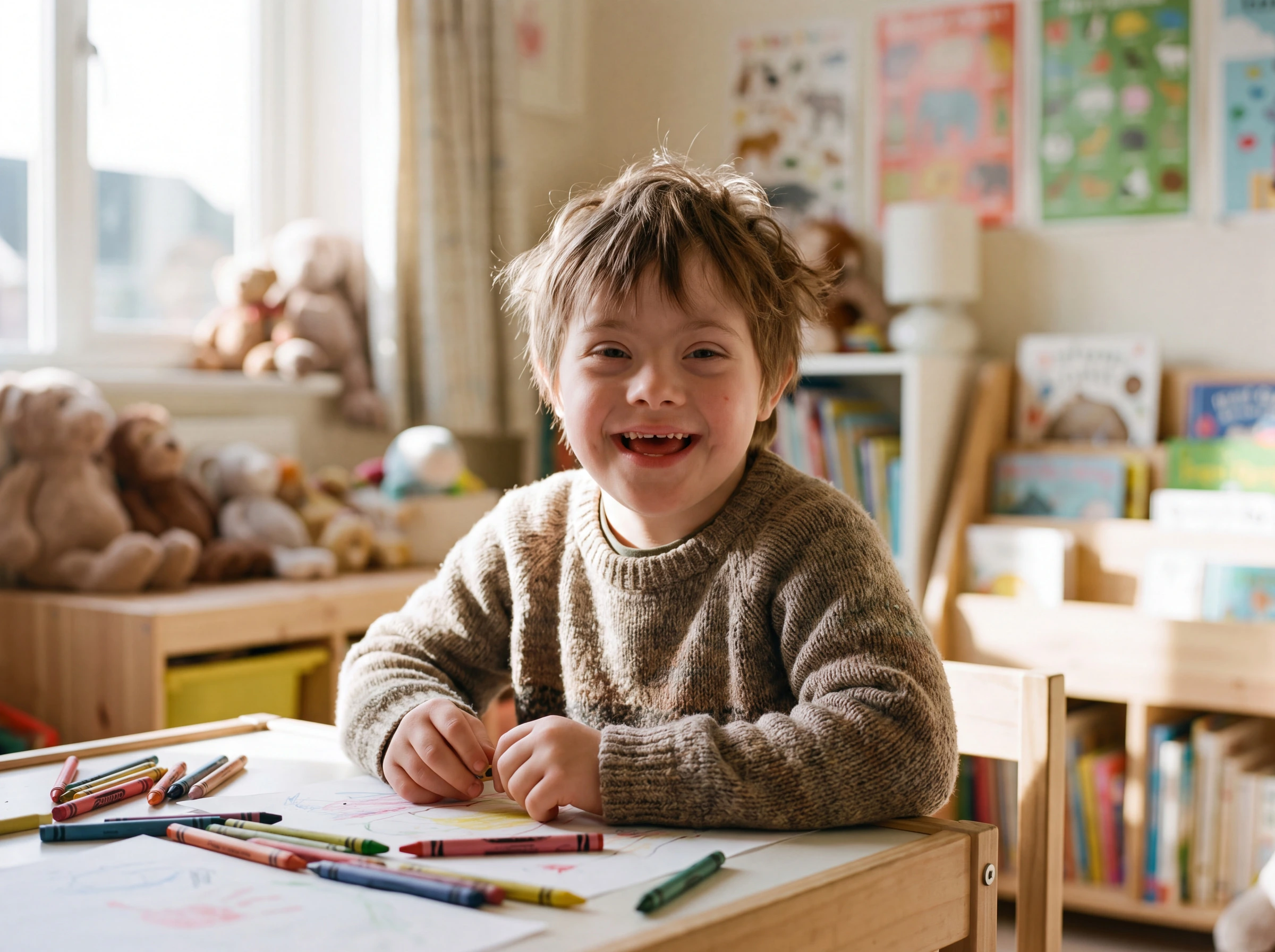 A smiling child with Down syndrome at an activity table