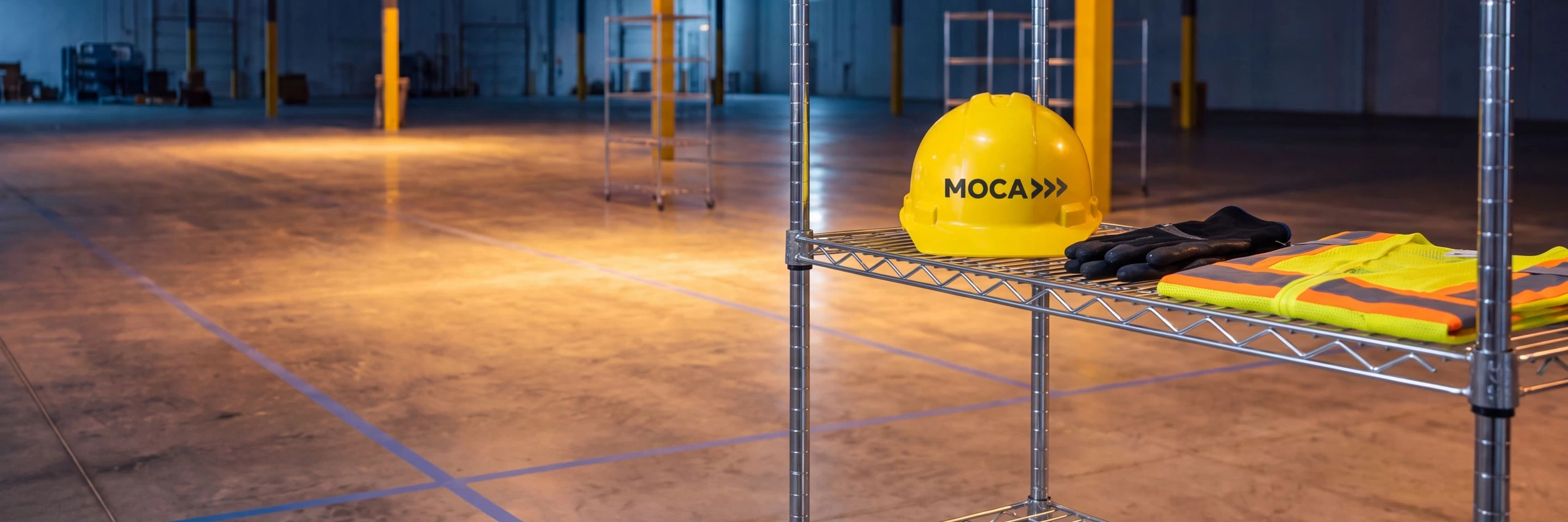 A new MOCA hard hat, gloves and vest staged on a shelf