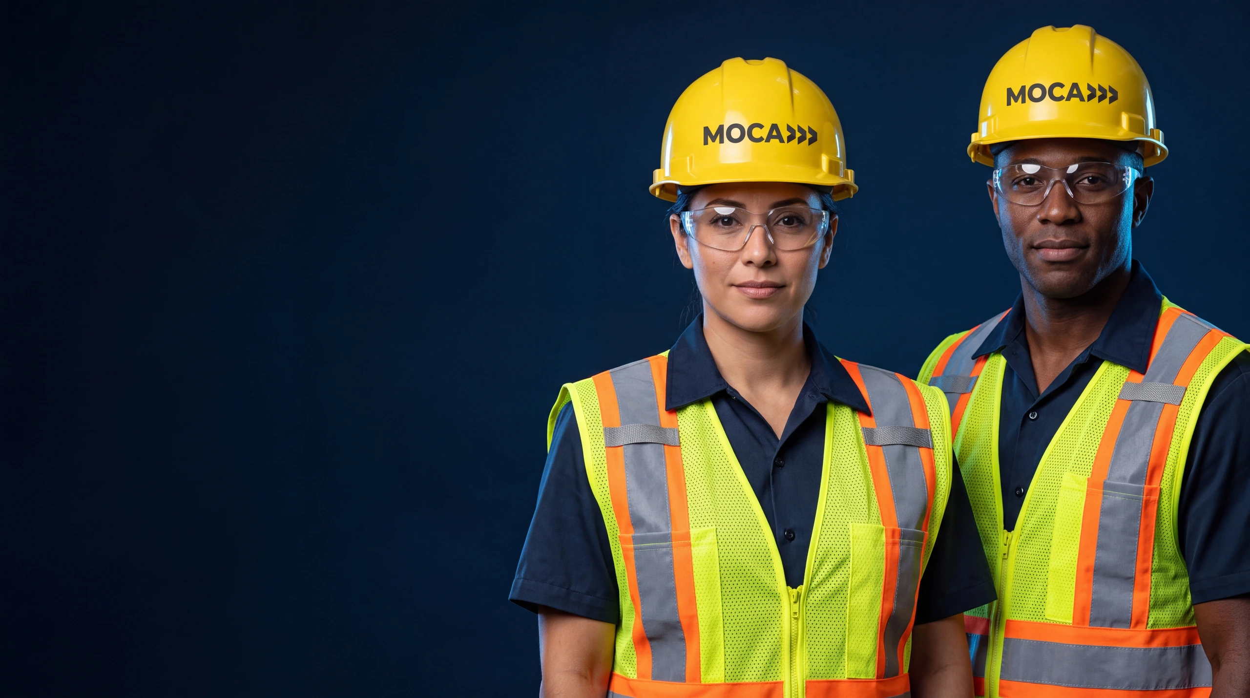 Two MOCA workers in yellow hard hats and hi-vis vests