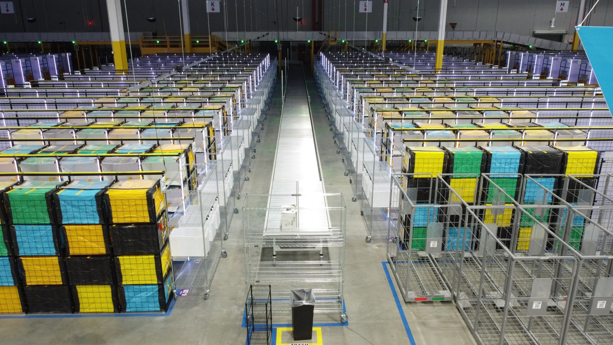 Aerial view over the rows of storage cubes in a delivery station